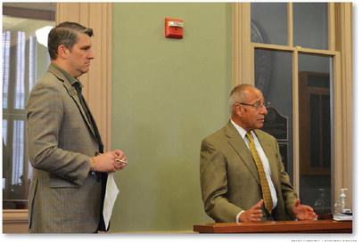 Copperas Cove City Manager Ryan Haverlah (left) and Bill Calderon, founder of Calderon Economic Development Strategies, discuss the purpose behind the tax increment reinvestment zone with county commissioners Oct. 12. ERICK MITCHELL | DISPATCH RECORD
