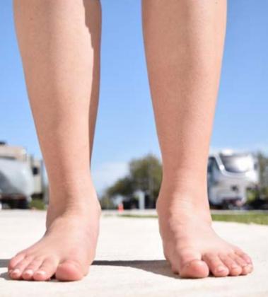 Those who experience an inward collapse of the arch of the foot or the ankle, as seen in the photo at left, might have pronation distortion syndrome. The proper alignment of the foot and ankle is shown in the photo at right. COURTESY PHOTOS