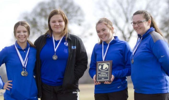 Kenlee Turner, Kadyn Atkins, Jennifer Greiner and Allyson Baker stand with the second-place plaque they earned on Thursday at the season opener at Hancock Park Golf Course. JEFF LOWE | DISPATCH RECORD