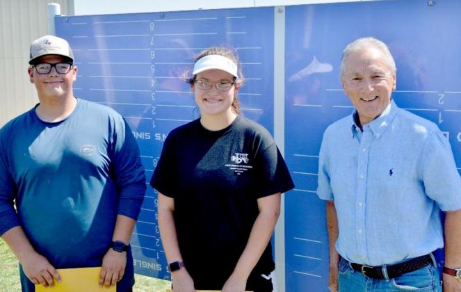 Rory Magill, left, and Kelsea Moyer, center, are shown with 1963 LHS grad Phillip King, who awarded the two seniors with a $500 scholarship apiece. The Phillip King Tennis Scholarship has been awarded annually since 2014 to one Badger and one Lady Badger based on their performance on the court and in acadmics, their “coachability,” leadership, dedication and other factors. KENNETH PEISER | COURTESY PHOTO
