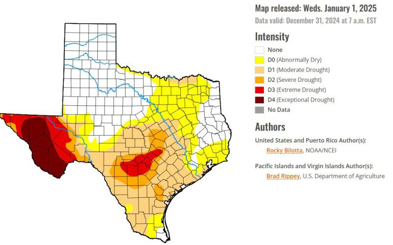 Data from the U.S. Drought Monitor shows 63.5% of the state in drought conditions as of Dec. 31, 2024. Darker shaded areas show more intense drought. courtesy graphic |US Drought monitor