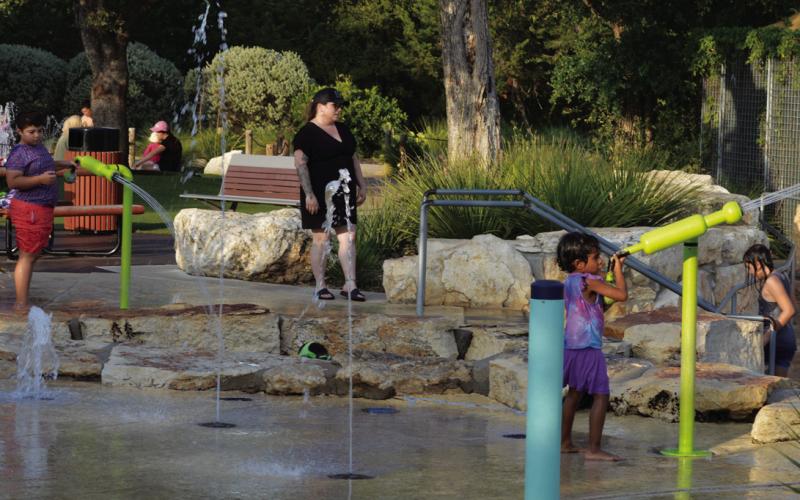 Lampasas-area residents have expressed interest in bringing a splash pad to the city to offer a free cooling zone/play area. This photo from a facility in Leander shows some types of water features that could be built. Neighboring communities Copperas Cove and San Saba also have splash pad features in municipal park areas. ERICK MITCHELL | DISPATCH RECORD
