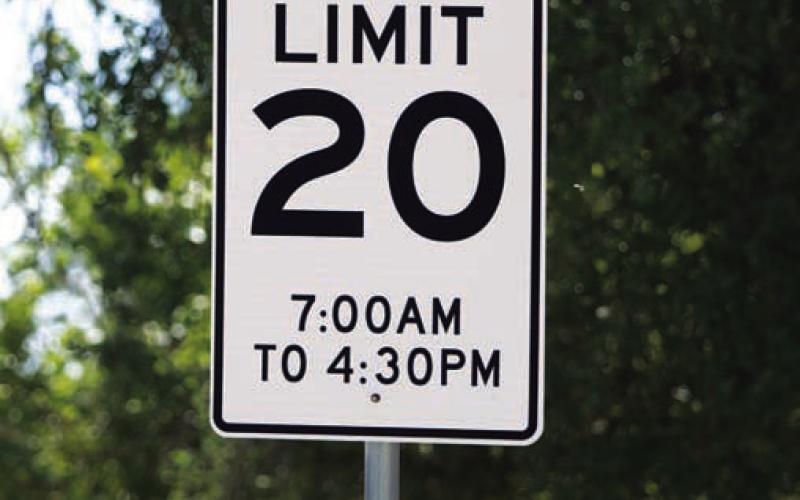 A sign outside a Lampasas ISD campus reminds drivers to slow when entering a designated school zone. Lampasas and Lometa ISD students returned to classes this week. HUNTER KING | DISPATCH RECORD