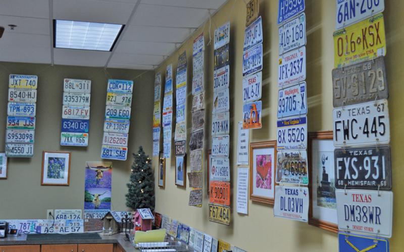 A collection of license plates from all 50 states hangs in the Lampasas County Tax Assessor-Collector’s office. erick mitchell | Lampasas Dispatch Record