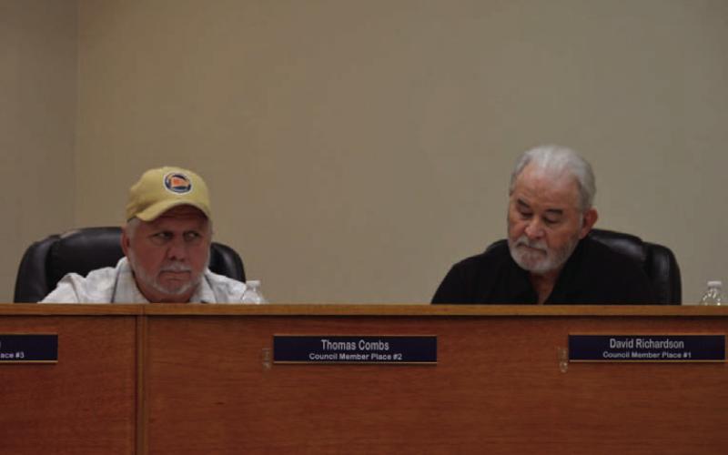 Council member Thomas Combs, at left, and council member Dave Richardson look on during last week’s meeting, when the Kempner City Council discussed allowing public use of its meeting space. ERICK MITCHELL | DISPATCH RECORD