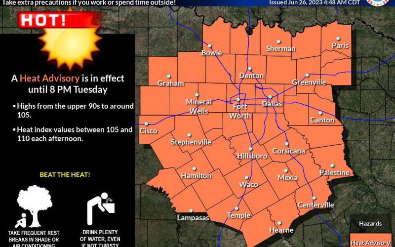 A National Weather Service heat advisory is in effect until 8 p.m. Tuesday for the entirety of North and Central Texas. Heat indices will peak around 105 to 110 degrees. COURTESY GRAPHIC | NATIONAL WEATHER SERVICE