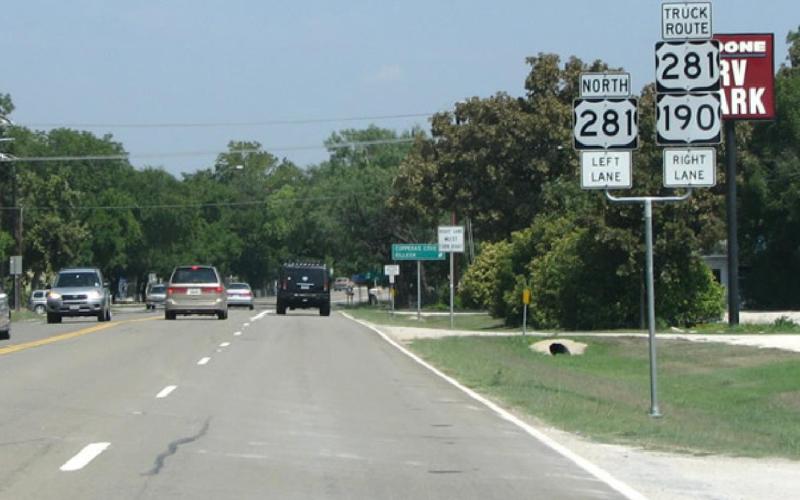 Trucks headed north along U.S. Highway 281 are directed on to U.S. 190 East to connect with nearby U.S. 183. AA ROADS.COM