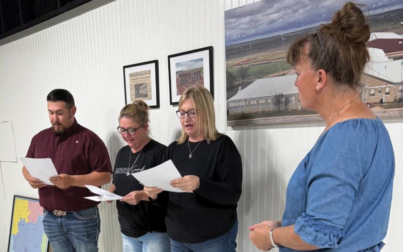After the canvassing of vote results from the May 2 election, trustees Anthony Resa, Tabithe Whitehead and Courtney Duncan were sworn in by Ronda Bridges at the Lometa school board meeting last week. COURTESY PHOTO