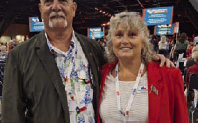Heading up the Lampasas delegation at the recent state convention were John and Wendy Daugherty. Wendy is retiring at the end of June as the Lampasas County Republican Party chairman. COURTESY PHOTO