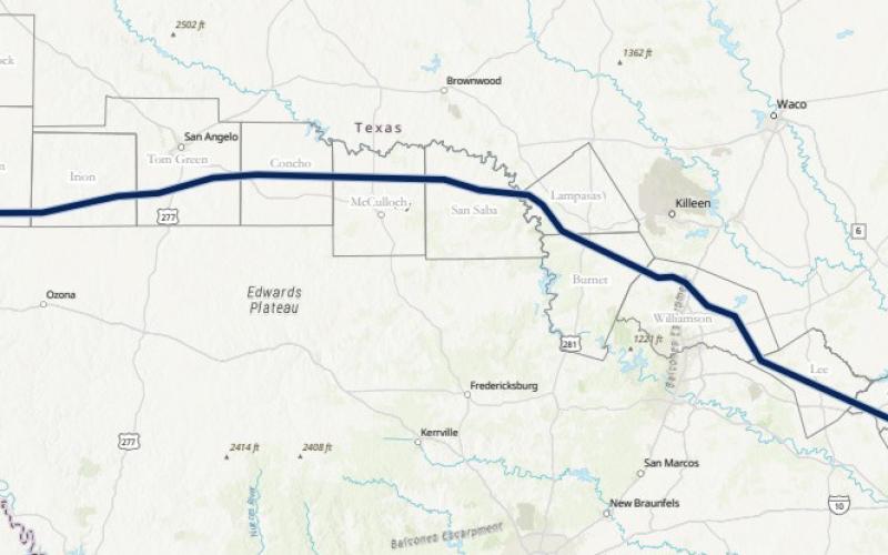 MONIQUE BRAND | DISPATCH RECORD The Matterhorn Express Pipeline will run 490 miles west to east across Texas. It will cross Lampasas County at the southwestern corner, as shown in the area circled above.