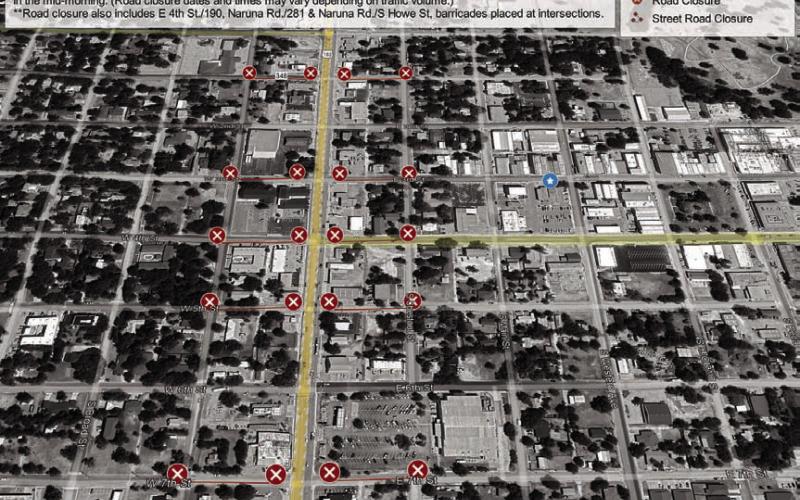 This map developed by the city of Lampasas depicts the street closures that will occur on the day of the total solar eclipse -- Monday, April 8. COURTESY GRAPHIC | CITY OF LAMPASAS