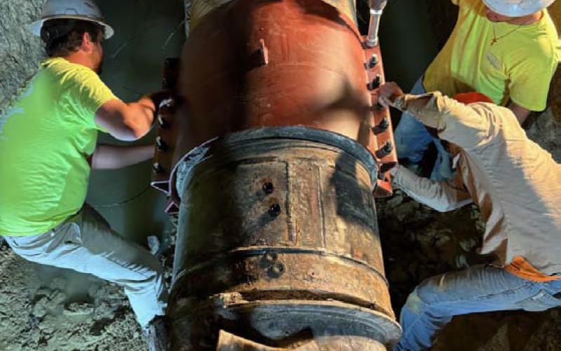 Welders work to complete repairs on the 24-inch main line after a leak developed between State Highway 195 and the Ivy Mountain distribution tank that stores water for Kempner Water Supply customers. COURTESY PHOTO