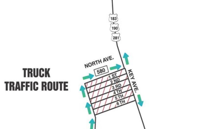 According to Lampasas Police Department officials, commercial truck traffic coming into the city on FM 1478/Naruna Road is required by city ordinance to travel along Howe Street to North Avenue/FM 580 before then heading east to Key Avenue. Trucks are not allowed to travel residential streets such as West Sixth Street to take a shortcut to the main thoroughfare. TRISH GRIFFITH | DISPATCH RECORD GRAPHIC