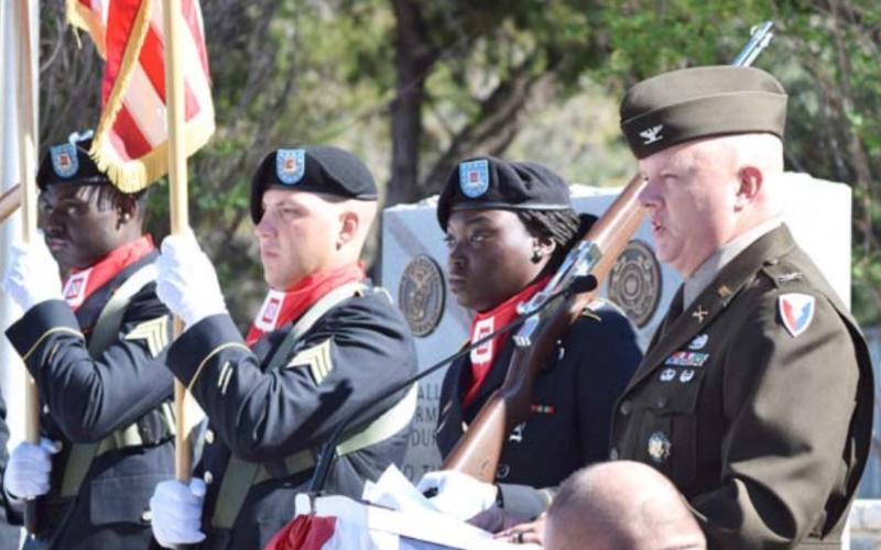 Col. Chad Foster, Fort Hood garrison commander, addresses Kempner residents and city officials during a Veterans Day ceremony at Sylvia Tucker Memorial Park. ALEXANDRIA RANDOLPH | DISPATCH RECORD