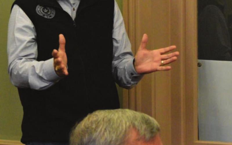 Texas House District 54 Rep. Brad Buckley speaks during the Lampasas County Commissioners Court’s meeting Monday. MADELEINE MILLER | DISPATCH RECORD
