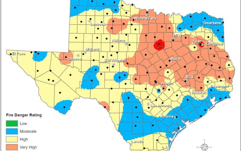 The National Weather Service Dallas/Fort Worth Office has included Lampasas County in an area of “critical fire threat” this week due to high temperatures, dry conditions and gusty winds. COURTESY GRAPHIC | NATIONAL WEATHER SERVICE
