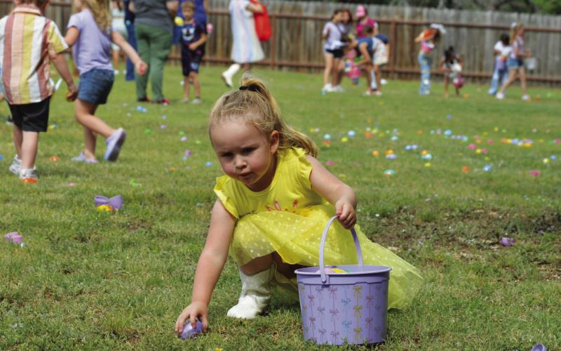 Allison Rey Miller scoops up an egg lying in the grass during Lily Springs’ Good Friday egg hunt. ERICK MITCHELL | DISPATCH RECORD