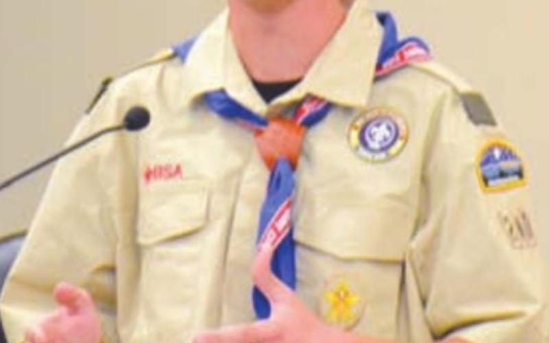 Boy Scout Troop 200 member Declan Davenport speaks to the Kempner City Council on Tuesday about his upcoming Eagle Scout project – the installation of concrete cornhole game boards in Sylvia Tucker Memorial Park. DAVID LOWE | DISPATCH RECORD
