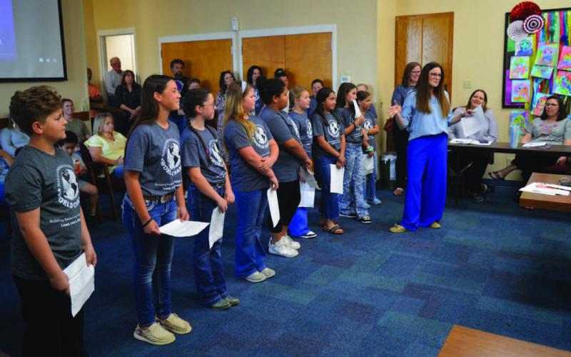 Students in the World Changer group at Hanna Springs Elementary School were recognized for their leadership at the campus during Monday’s meeting of the Lampasas Independent School District Board of Trustees. ERICK MITCHELL | DISPATCH RECORD