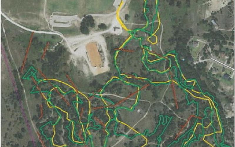 COURTESY PHOTO | CITY OF LAMPASAS City of Lampasas planning documents show two possible orientations for bike trails in the 580 Sports Park. The first trail option is marked by yellow and the second by green. Red trails indicate possible layout for the disc golf course.