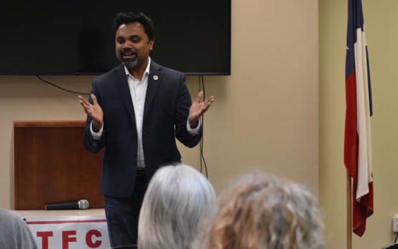 Abraham George, chairman of the Republican Party of Texas, addresses the Texas First Conservative Alliance gathering Tuesday evening in Lampasas. ERICK MITCHELL | DISPATCH RECORD