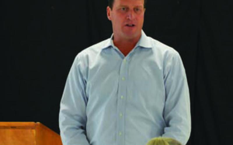U.S. Rep. August Pfluger took questions from the audience Tuesday during his town hall meeting in Lampasas. ERICK MITCHELL | DISPATCH RECORD