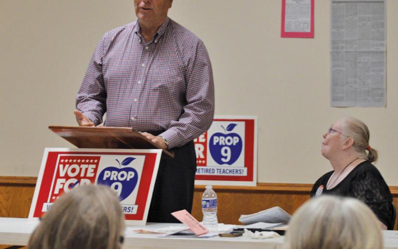 Ronnie Jung, former executive director of the Teacher Retirement System of Texas, speaks to the Lampasas County Retired Teachers Association during its monthly meeting Tuesday. His presentation included information on the cost-ofliving adjustment sought for retired educators. erick mitchell | dispatch record