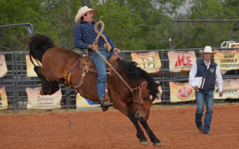 A bronc rider hangs on tight during the 2023 Riata Roundup Rodeo. File photo