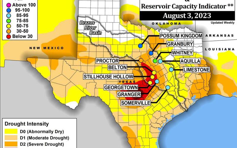 A graphic formulated by the U.S. Drought Monitor on Aug. 3 shows the area around Stillhouse Hollow Lake, including Lampasas and Bell counties, is considered an area of “extreme drought.” COURTESY GRAPHIC | US DROUGHT MONITOR