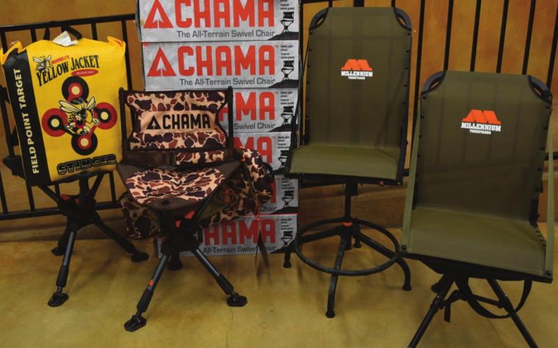 Chama and Millennium Tree Stand chairs and a Yellow Jacket Field Point target are offered at Hoffy’s Archery. MADELEINE MILLER | DISPATCH RECORD