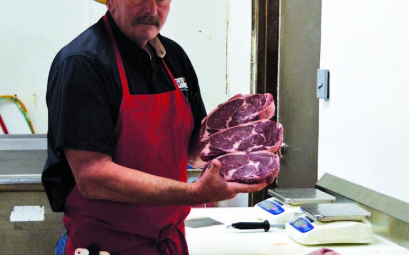 Stephen Meyer of M&amp;amp;M Butcher Block displays some of the prime cuts of beef he plans to serve when his M&amp;amp;M Steakhouse concept opens neext year on the courthouse square. Meyer is in the process of purchasing the former Eve’s Cafe building. After renovation, the steakhouse will open for dinner and feature high-quality steaks, traditional sides, and local wines and craft beers. ERICK MITCHELL | DISPATCH RECORD