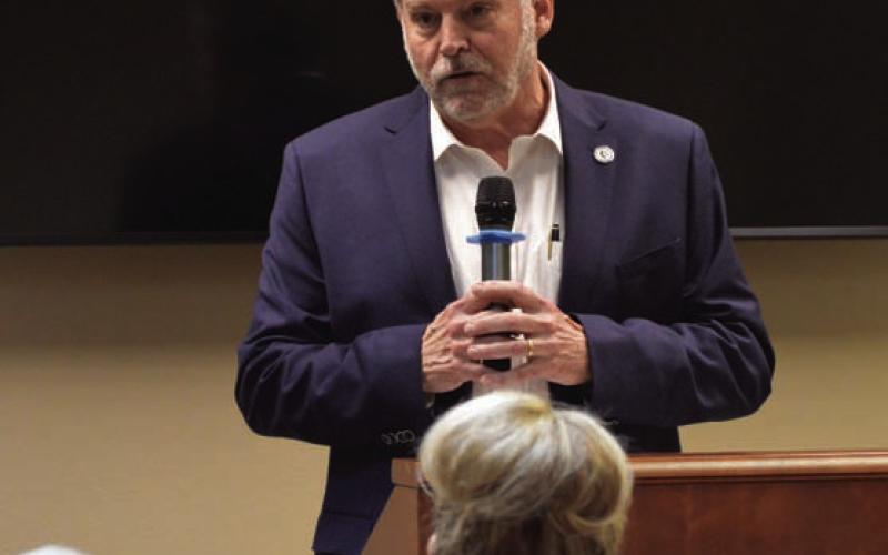 Rep. David Spiller (R-Jacksboro) speaks to Lampasas County residents last year. He has filed legislation to prohibit foreign entities from hostile countries from acquiring land in Texas. A similar measure did not make it out of the previous legislative session. FILE PHOTO