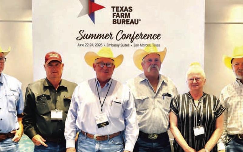 Lampasas County Farm Bureau directors, left to right, Rusty Calk, Mike Hail, Mickey Edwards, Jim Spivey, LCFB vice president Janet Machen and LCFB president Stephen Ruzicka, participated in the Texas Farm Bureau Summer Conference held June 22-24 in San Marcos at the Embassy Suites. Not pictured: director Steve Forsythe. COURTESY PHOTO