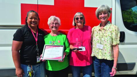 American Red Cross presented an award to Lampasas for its successful blood drive donations. Pictured are, from left to right, Robeap Santos of the American Red Cross; Wanda Lang, blood program leader for Lampasas; and Sharon Hague and Tracey Aaron, local blood drive volunteers. COURTESY PHOTO