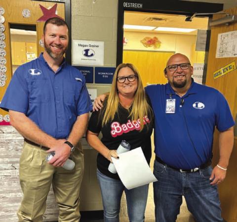 Recognized as Star Supporter of the Month was Beth Oestreich, an instructional technologist at Lampasas High School. “She has had many challenges throughout this year, and she has handled them all with grace,” Assistant Principal Ryan Race said. Oestreich is pictured with Texas Farm Bureau Insurance representative Clay Phillips, at left, and Race. COURTESY PHOTO
