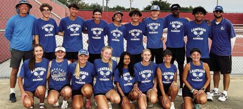 The tennis team poses for a photo after winning the bi-district round on Tuesday. COURTESY PHOTO | KENNETH PEISER