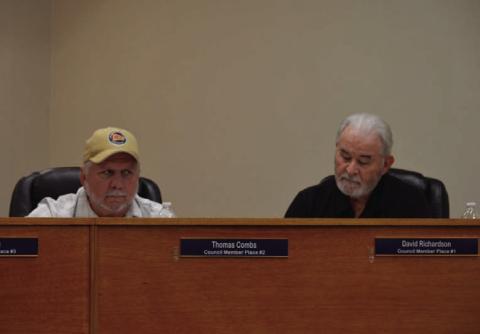 Council member Thomas Combs, at left, and council member Dave Richardson look on during last week’s meeting, when the Kempner City Council discussed allowing public use of its meeting space. ERICK MITCHELL | DISPATCH RECORD