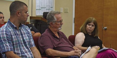 At right, Lampasas Central Appraisal District Chief Appraiser Susan Jones introduces LCAD Board of Detectors, from left, Chairman Marshall Brewer and Philip Garrett during Wednesday’s LISD Board of Trustees called meeting. ERICK MITCHELL | DISPATCH RECORD