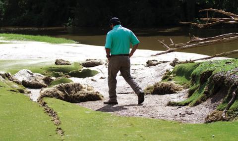 Golf Course Manager Kris Morin surveys damage to the green on Hole No. 2 at the Hancock Park municipal course. The green will have to be completely reconstructed, he said. For more photos of damage sustained at the golf course, see page 8. HUNTER KING | DISPATCH RECORD