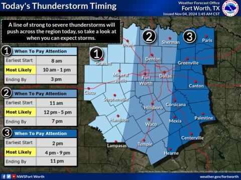 A National Weather Service graphic shows three stages of thunderstorm timing on Monday. 