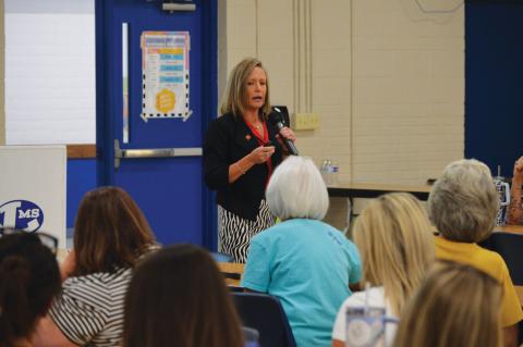 Kelly Trompler, education planner for WRA Architects, outlines results from the community survey completed in the spring about support for a potential bond election and facility needs for Lampasas Independent School District. ERICK MITCHELL | DISPATCH RECORD