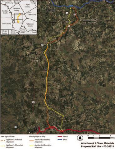 This look at Texas Materials’ proposed rail line would run east of U.S. 281 up into Lampasas County. SCREENSHOT | SAFETY TRANSPORTATION BOARD