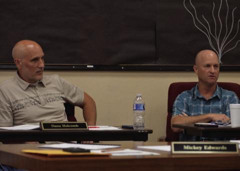 Assistant Superintendent Dana Holcomb, at left, told trustees at Monday’s school board meeting that acceptance by the state of the Lampasas ISD Teacher Incentive Allotment application is “the first big hurdle” that has been cleared. District administrators plan to implement the program in 2026-2027. Pictured next to Holcomb is LISD Chief Financial Officer Shane Jones. ERICK MITCHELL | DISPATCH RECORD