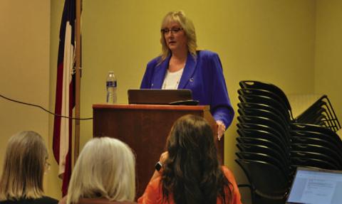 County Auditor Tragina Tallant presents budget and tax information for those gathered at this week’s public hearing. ERICK MITCHELL | DISPATCH RECORD