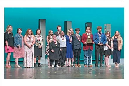 COURTESY PHOTO Lometa’s production of “Distance” will advance to regional One-Act Play competition. On the stage are, from left, Tiffany Smart, Julie Bradley, Sholee Turner, Rosa Garrido, Jewel Groves, Jolie Ann Thomas, Diego Garrido, Phallon Jones, Eva Bradley, Bao Nguyen, Douglas Thomas, Jacob Wooten, Cora Groves and director Heather Moresco.