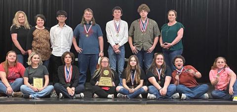 Lometa High School students won awards at the recent district One-Act Play competition. Back row, left to right, are Tiffany Smart, Julie Bradley, Bao Nguyen, Douglas Thomas, Diego Salazar, Jacob Wooten and Heather Moresco. Front row are Angelina Reyes, Phallon Jones, Rosa Garrido, Jolie Thomas, Jewel Groves, Cora Groves, Sholee Turner and Eva Bradley. The cast will compete at the bidistrict One-Act Play contest in Marble Falls on March 23. courtesy photo