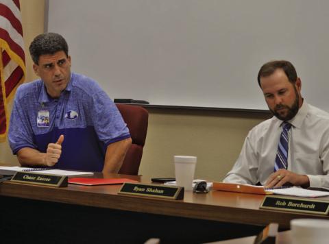 At left, LISD Superintendent Dr. Chane Rascoe speaks to school board members as Board President Ryan Shahan looks on during Monday’s regular meeting. ERICK MITCHELL | DISPATCH RECORD