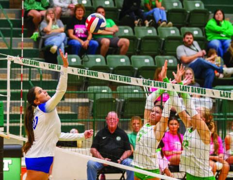 ANA SOFIA MEYER | DISPATCH RECORD Senior middle blocker Ysa Swain tips the ball over the net to secure one of her nine kills against the Burnet Bulldogs on Oct. 2.