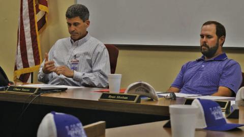 At left, Lampasas ISD Superintendent Dr. Chane Rascoe and Board of Trustees President Ryan Shahan reflect on 2025-26 FY budget figures during last week’s special called meeting. ERICK MITCHELL | DISPATCH RECORD