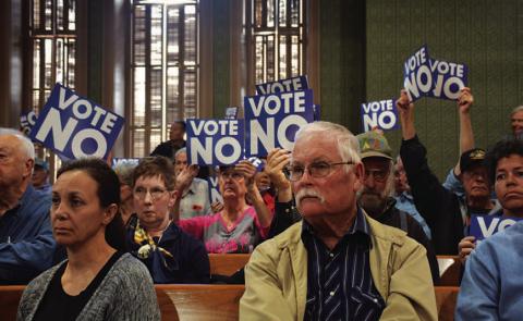 FILE PHOTO The Lampasas County Courthouse was packed for a public hearing in March about a proposal to designate acreage as a reinvestment zone so a solar farm project could qualify for tax abatements. The reinvestment zone was scrapped after a vote by the Commissioners Court. In May, the Lampasas Independent School District Board of Trustees voted down a similar tax incentive plan for the Green Go solar farm after significant opposition from area residents.